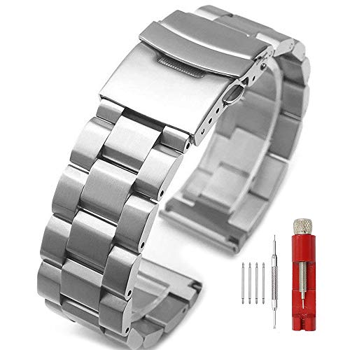 Silver/Black Stainless Steel Watch Bands Brushed Finish Watch Strap 18mm/20mm/22mm/24mm Double Buckle Bracelet