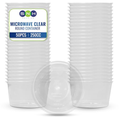 SNH Packing 50 Pack Clear Round 250cc Microwavable Food Plastic Containers with Lids Transparent Plastic Meal Prep and Food Storage Bowls Reusable Disposable Lunch Box