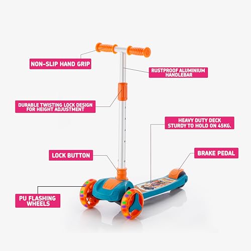 Image of JoyRide Road Runner The Smart and Smooth Stark Kids Skate Scooter, 3-Level Adjustable Handle, Anti-Slip Footplate, 3 PU LED Wheels, Rear Brake (Orange)