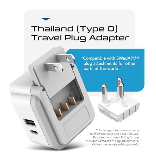Image of Ceptics Thailand Travel Adapter Set, PAK KIT 20W PD & QC, Type O - 3.1A - 4 in 1-2 USA Inputs, 1 USB Port, 1 USB-C Port - Compact, Powerful - Includes Type O Swadapt Attachments