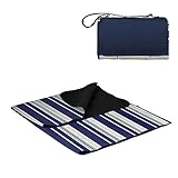 PICNIC TIME Outdoor Picnic Blanket Tote, 59'x51' Foldable Beach & Camping Blanket with Soft Fleece, Water-Resistant Bottom, Adjustable Strap & Zippered Pocket (Blue Stripe, Navy Flap)