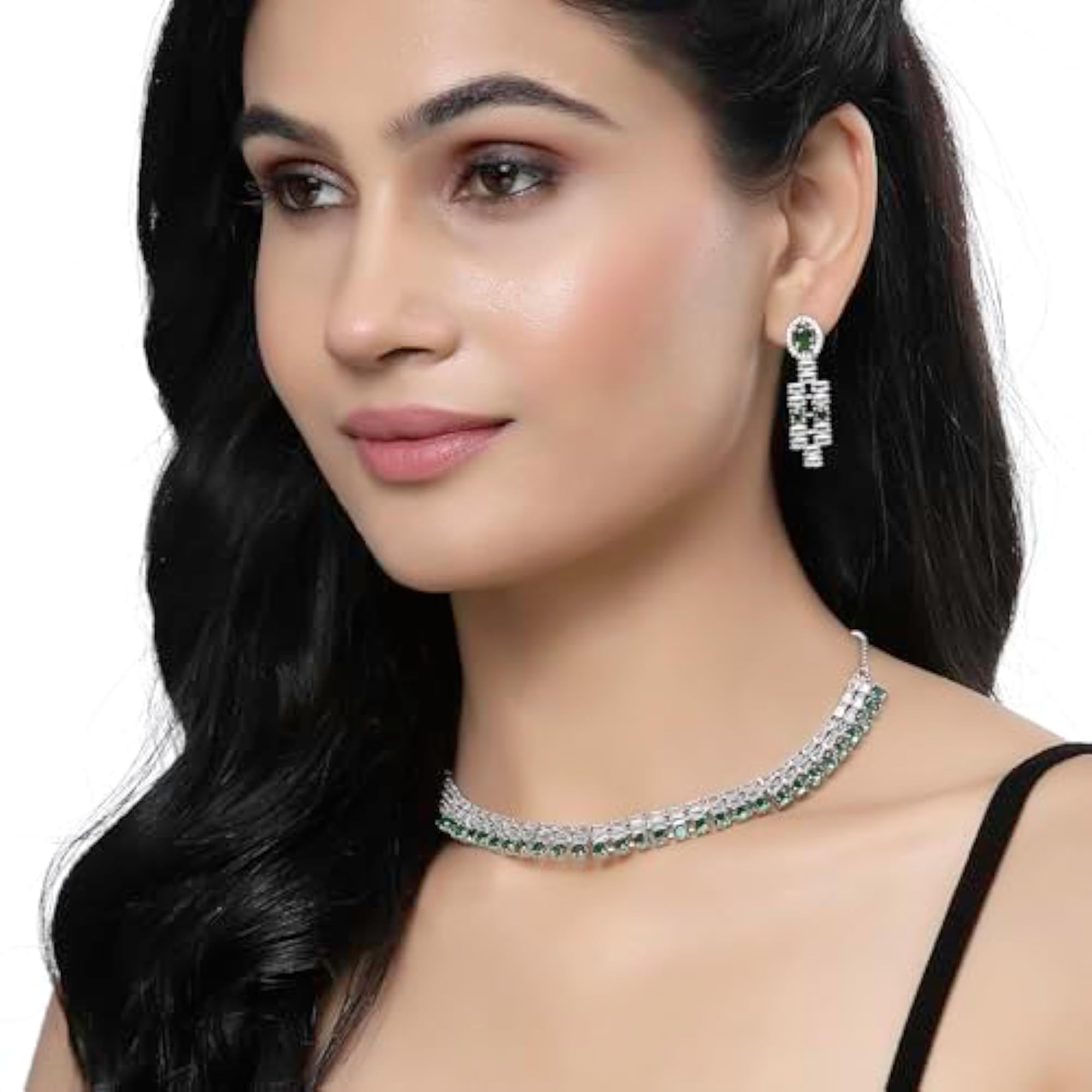 Rhodium-Plated Round Shape American Diamonds Necklace Set