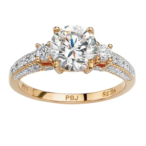 Yellow Gold-Plated Sterling Silver Round Cubic Zirconia 3 Stone Bridal Ring