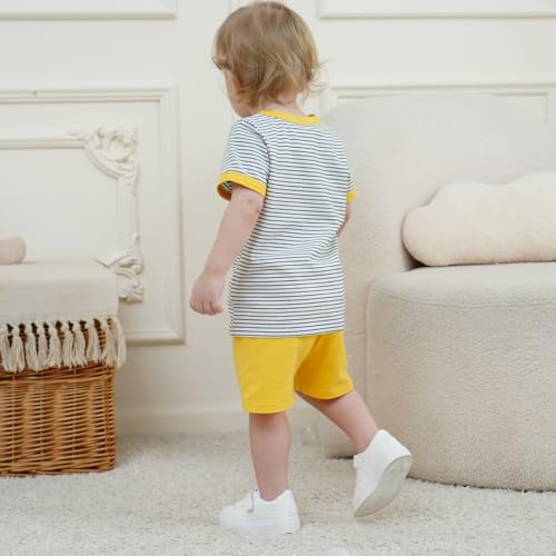 JiuBreeze Toddler Baby Boy Summer Outfit Striped Short Sleeve T-Shirt Shorts Set 2-Piece Boys Outfits Clothing Sizes 18M-5T(Yellow, 2-3T) — view 4