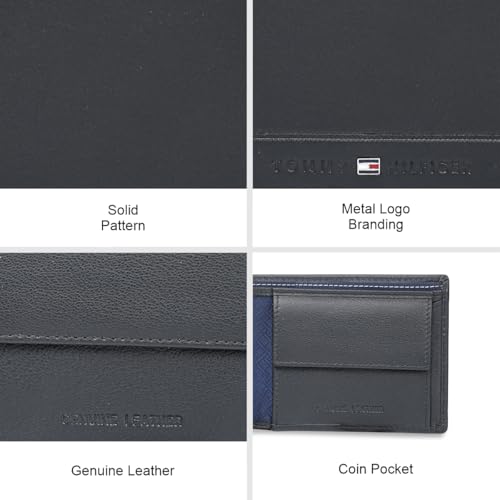 Image of Tommy Hilfiger Men's Leather Wallet Colatina | Solid Black Bi-Fold with Global Coin Pocket, 4 Card Slots | Stylish Purse for Gents