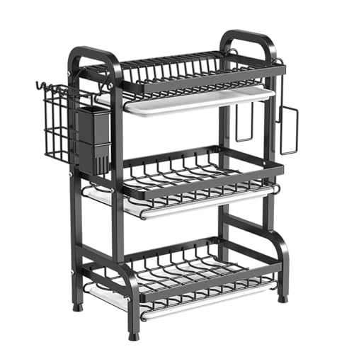 3 Tier Dish Drying Rack - Sturdy Carbon Steel Dish Racks for Kitchen Counter - Metal Kitchen Organizers and Storage Rack, Large Capacity Dish Drainer with Drain Board