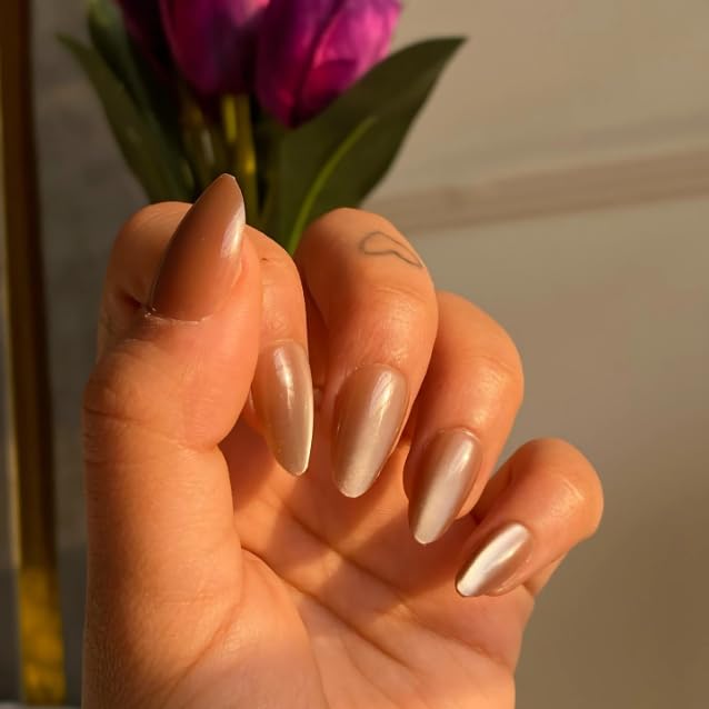Image of Metallic Nude Almond Nail Extensions - 24pcs Glossy Press On Nails with Gel Glue Tabs | Elegant Artificial False Nails for Women - Classy Reusable Manicure