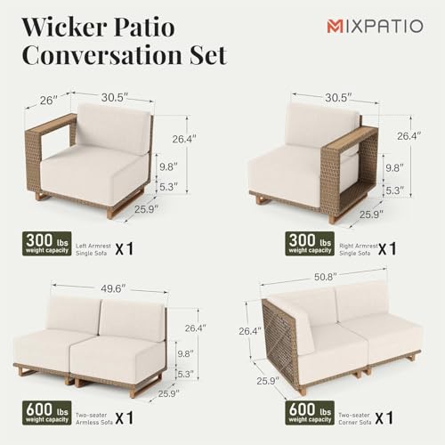 Image of MIXPATIO Patio Sectional Furniture Set, 6 Seats Outdoor Yellow Rattan Modular Sofa Couch Set, L Shaped Deep Seating Conversation Set with 10 inch Thick Cushions, Low Profile Deck Backyard Lawn Furniture