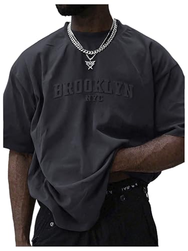 GORGLITTER Men's Oversized T Shirt Letter Graphic Short Sleeve Drop Shoulder Crewneck Tee Tops