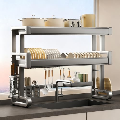 DTUcacochymic Escurreplatos sobre el Fregadero, de Acero Inoxidable, Organizador Multifuncional para Cocina, para Platos, Vasos, Cuencos y Cubiertos (76 cm/29,9 Pulgadas)