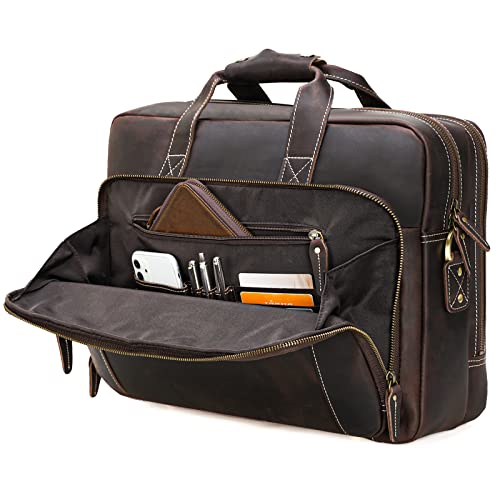 Polare 17" Full Grain Leather Laptop Briefcase Business Travel Laptop Carrying Case Shoulder Bag For Men Fits 17.3” Laptop