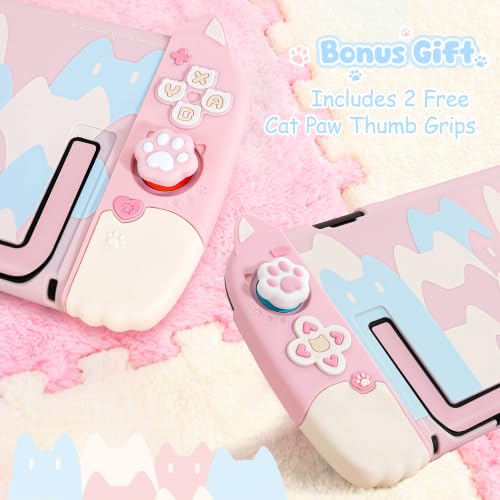 Image of Geekshare Protective Case Set Compatible with Switch 2, PC Back Plate with Silicone Joysticks Covers, Includes 2 Thumb Grips, Waterproof Protection (Pink Cat, for Switch 2)