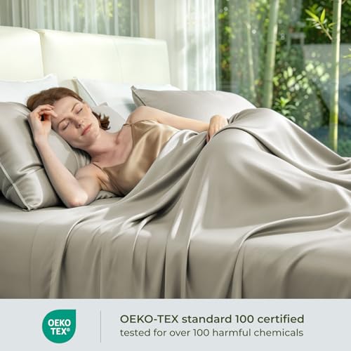 Image of BEDELITE Bamboo Viscose Sheet Set, Full Size, 4 Pieces, Beige | 100% Organically Grown, 18 Inch Deep Pocket, All Round Elastic & Corner Straps, Luxury Silky Cooling Sheets for Hot Sleepers