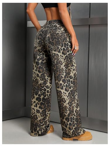 Verdusa Women's Y2k Leopard Jeans Hip Hop Streetwear Wide Straight Leg Denim Pants with Pockets2