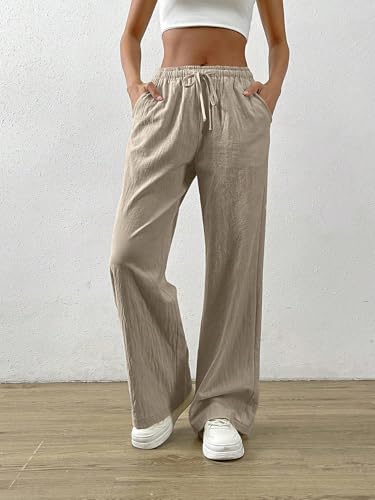 Image of TOPLOT Women's Linen Blend Wide Leg Palazzo Pants | Elastic Drawstring Waist Trousers for Woman | Relaxed Fit Casual Lounge Trousers | Breathable Straight Leg Everyday Bottom Wear (5268)