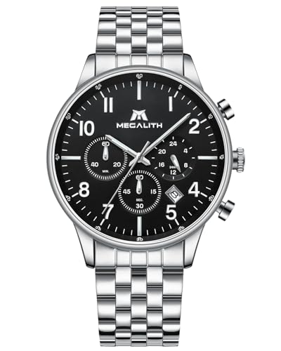 Megalith Armbanduhr Chronographen Uhren Herren: Silber Schwarz Edelstahl Quarzuhr Analog - Wasserdicht Männer Uhren
