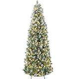 Best Choice Products 6ft Pre-lit Pencil Christmas Tree, Frosted Scotch Pine Slim Holiday Tree Decoration, Skinny Xmas Tree w/White & Multicolor LED Lights, Foldable Stand