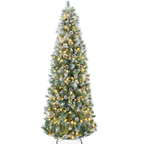 Best Choice Products 6ft Pre-lit Pencil Christmas Tree, Frosted Scotch Pine Slim Holiday Tree Decoration, Skinny Xmas Tree w/White & Multicolor LED Lights, Foldable Stand