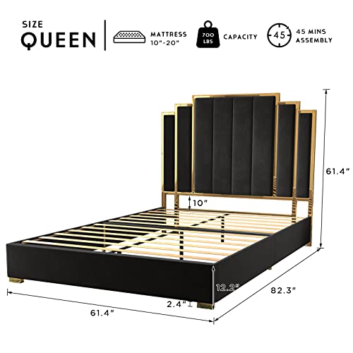Howe 1062030100-SDA Queen Size Bed Frame And 61 Inch Headboard, Upholstered Bed With Golden Plating Trim thumb #1