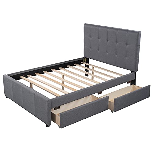 Meritline Full Platform Bed With Storage Drawers, Linen Upholstered Bed With Headboard, Full Size Daybed Frame For Kids Teens Adults, No Box Spring Needed (Full, Gray With Drawers) #TOP3