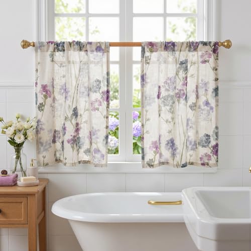 Image of MYSKY HOME Floral Linen Tier Curtains Over Sink 30 Inch Long Set of 2 Light Filtering Privacy Half Window Curtains with Rod Pocket for Kitchen, Cabinet, Basement, Camper, Purple, 30 inch W Each Panel