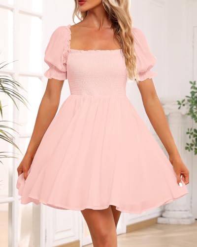 Image of Holipick Women's Casual Square Neck Smocked Dress Shirred Ruffle Puff Sleeve High Waist Cute Flowy A-Line Short Dress