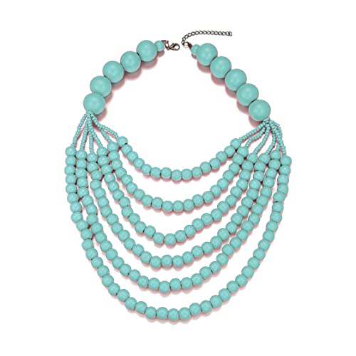 Colorful Bling Boho African Wooden Beaded Bib Statement Choker Necklace Long Multi Strand Chunky Layered Collar Tassel Necklace For Women Handmade Jewelry-Blue #TOP10