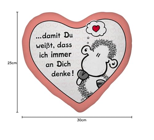 Sheepworld Plüschkissen Motiv Denke | Plüschkissen in Herzform, 30 cm x 25 cm, Mehrfarbig, 100% Polyester | Geschenk, Liebe, Valentinstag | 48183
