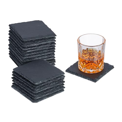 Relaxdays Schiefer Untersetzer, 20er Set, eckige Glasuntersetzer, 10x10 cm, Raclette- & Getränkeuntersetzer, anthrazit