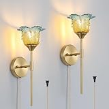 XIYOUVE 2 Pack Plug in Gold Wall Sconce with Modern Flower Glass Shades, Modern Mid Century Bathroom Vanity Wall Light Fixtures, Industrial Brushed Brass Wall Lamp, for Bedroom Mirror Living Room