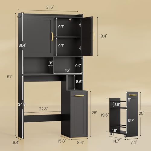 Image of UPOSOJA Over The Toilet Storage Cabinet with Pulley Bathroom Storage Cabinet, Space Saver W /Adjustable Shelf & Open Shelf for Bathroom, Restroom, Laundry (Black)