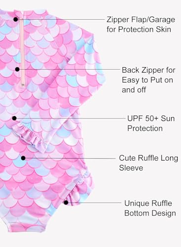 Image of Baby Toddler Girl Long Sleeve Ruffle Swimsuit One Piece Zipper Rash Guard Bathing Suit with UPF 50+ Sun Protection
