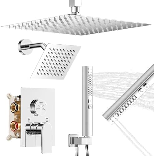 ZETETA Shower Faucet Set, 3-Setting Push Button Polish Chrome Shower System, 12 Inch Ceiling Mounted Shower Head, 6 Inch Wall Mounted Rain Shower Head with 2 in 1 Handheld Spray, Shower Valve Trim Kit