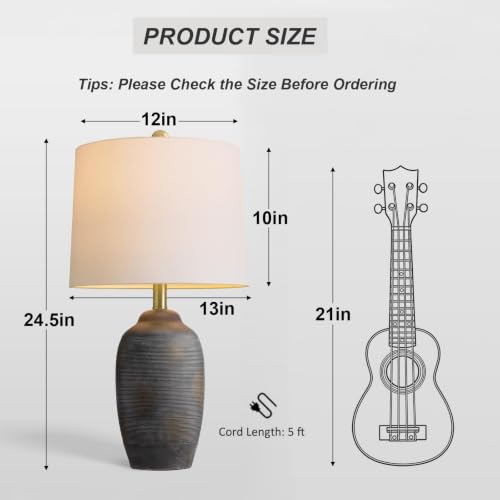 Image of 24.5 inch Ceramic Black Lamp for Living Room with Pre-Attached Shade | Single Rustic Bedside Lamps, Hand-Textured Farmhouse Vintage Table Lamps for Bedroom Nightstands, Side End Table Home Decor