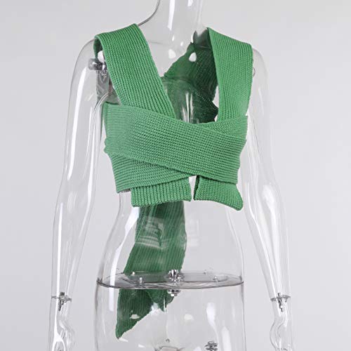 Flycc Women's Sexy Strappy Wrap Around Halter Knit Crop Top Rave Sweater Knitwear Shirts Tank Tops Green #TOP5
