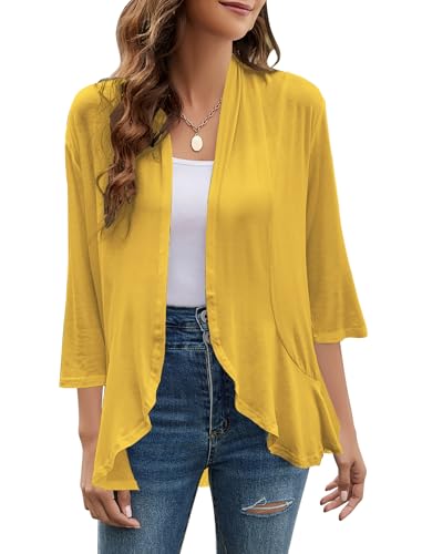 Image of Yekaty Women Cardigan 3 /4 Sleeves Open Front Lightweight Cardigan Draped Ruffles Knit Cardigan