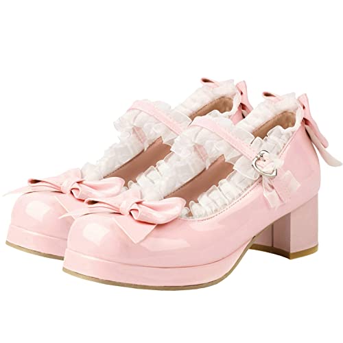 Image of LUXMAX Women Kawaii Mid Block Heel Mary Jane Rockabilly Pumps with Bow Platform Chunky Heel Cute Sweet Shoes