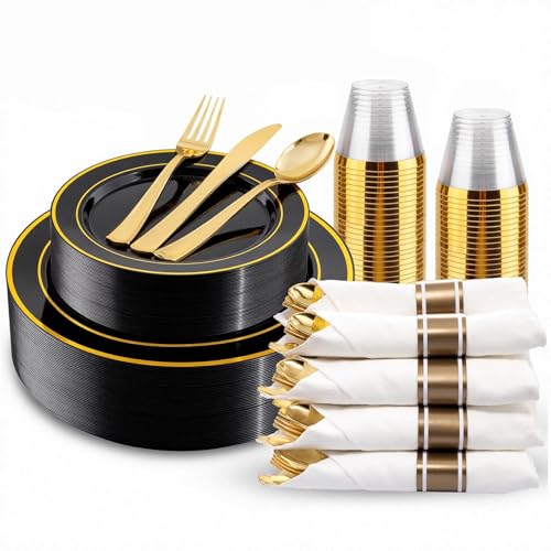 WDF Partyware 175PCS Black and Gold Plates - Black Disposable Plates for Party - 25Guests Disposable Dinnerware Set for Wedding/Party/Birthday/Father's Day
