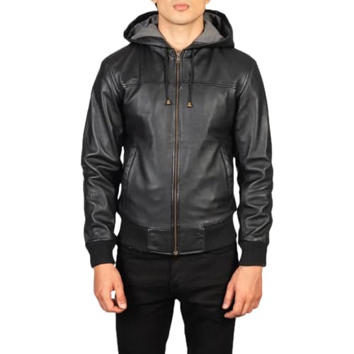 Premium Faux Leather Bomber Jacket, Black, Hooded Design with Gray Interior, Double Zipper Front, Ribbed Hem