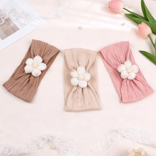 MIUXUESO 3 Piece Baby Girls Flower Headband, Florals Nylon Headband Soft Comfortable Elasticity Hairbands Baby Shower Newborn Essentials for Infant Toddlers (Beige Pink Khaki) — view 4