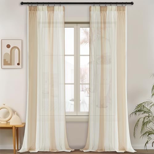 MRTREES Cortinas Cocina largas, Rayas Anchas Verticales, Cortinas Salon Modernas 2 Piezas Blancas Beige 2X A140xL260CM semiopacas