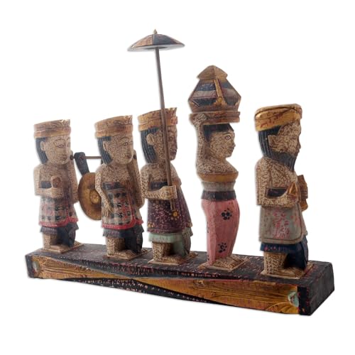 NOVICA Artisan Handmade Wood Statuette Hand Carved Balinese Ceremonial Wood Statuette Multicolor Indonesia Cultural People and Portraits [9in H x 17.25in W x 3.1in D 7.5in H x 2in W x 1.6in D 9in H x