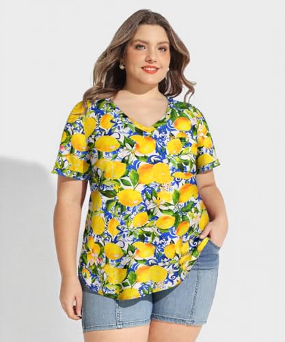 Image of TIYOMI Plus Size Tops for Women V Neck Tshirts Basic Tunic Casual Hawaii Floral Tie Dye Camo Summer Short Sleeve Tee XL-5XL