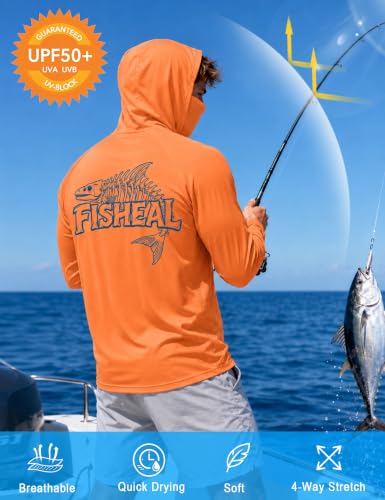 Image of FISHEAL Men's UPF 50+ Sun Protection Fishing Hoodie, Long Sleeve UV Shirts with Mask, Quick Dry Hooded for Outdoor Beach