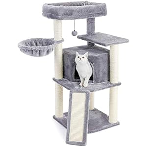 Amazon Brand – Eono Katzenbaum Kratzbaum mit Sisal Kletterbaum Kratzbrett Katzenspielzeug Plüsch Höhle Liegemulde Höhe 106cm Grau für Kätzchen Ausgewachsene Katzen