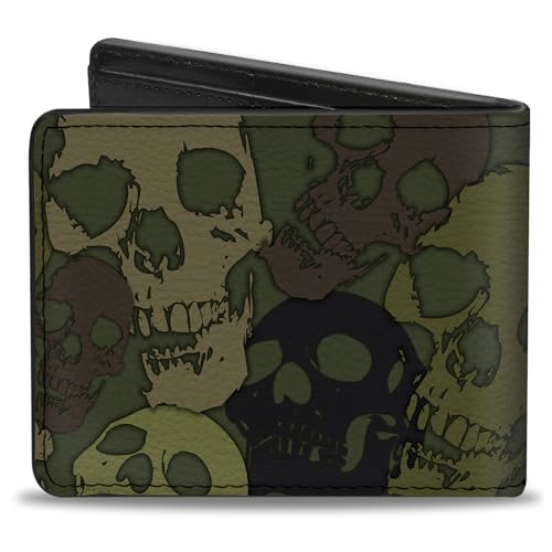 Buckle-Down Wallet, Bifold, Camo Olive Skull Yard, Vegan Leather2
