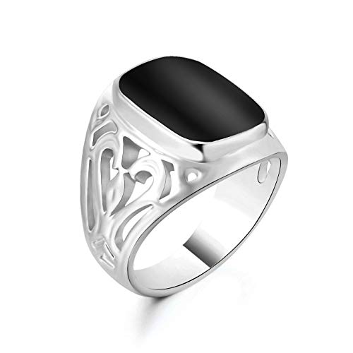 Star Jewelry Signet Pinky Ring with Black Square Enamel 18K Gold Plated for Men and Women Size 6-14
