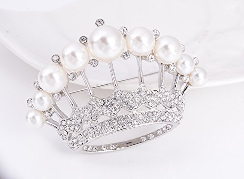 Image of Large Gold Tone Crystal Queen Crown Pin Brooch With Pearl Wedding Bridal Pin