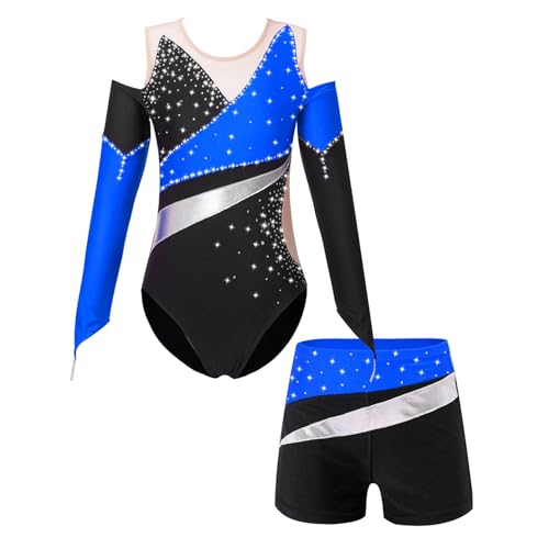 Loyan Kids Girls Rhinestone Long Sleeve Dance Outfits Set 2 Piece Gymnastic Leotard and Athletic Short Dancewear3