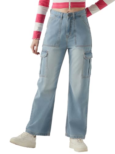 Image of Bewakoof Women's 100% Cotton Wide Leg Jeans | Jeans for Woman Pants for Woman | Classic Denim Pants | Everyday Casual | Utility Streetwear | Lightweight & Flexible | Wide Leg